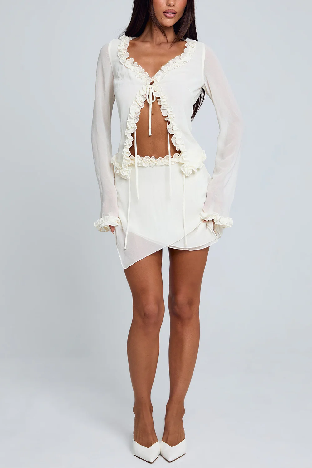 V Neck Ruffled Drawstring Tie Top Mini Skirt Party 2pcs Set-White Pre Order - Image 3