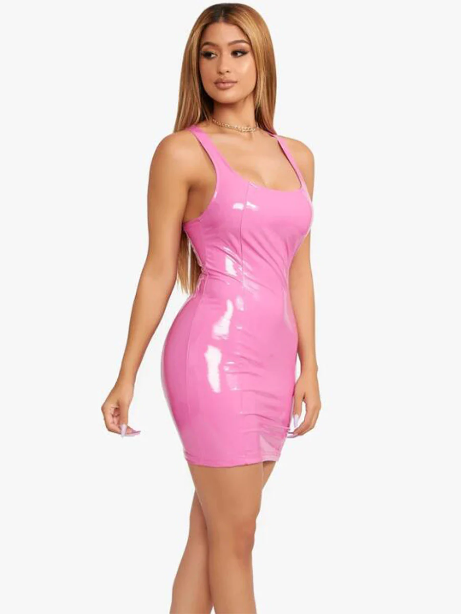 Vibrant, High-Stretch PU Round Neck Bodycon Mini Dress - Image 2