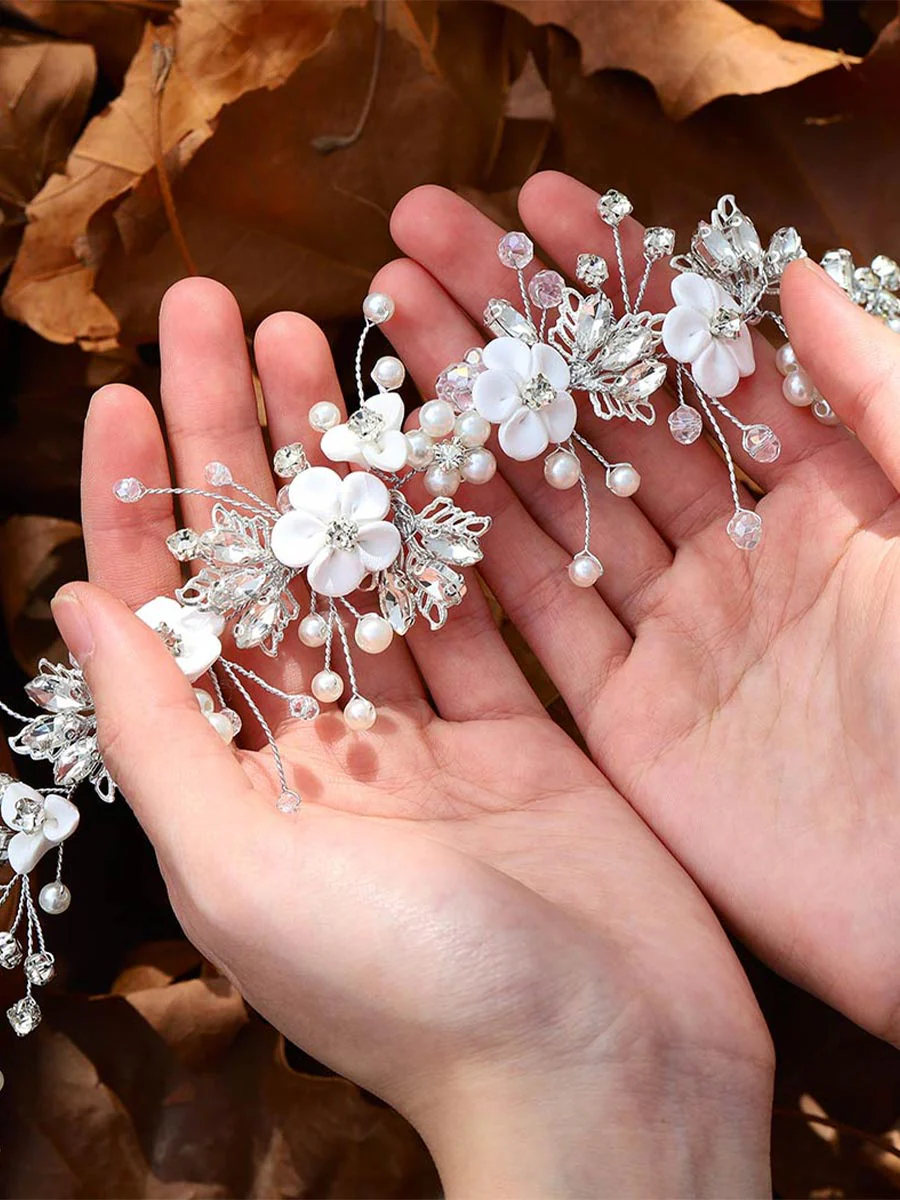 Vine White Flower Crystal Bridal Headdress - Image 6