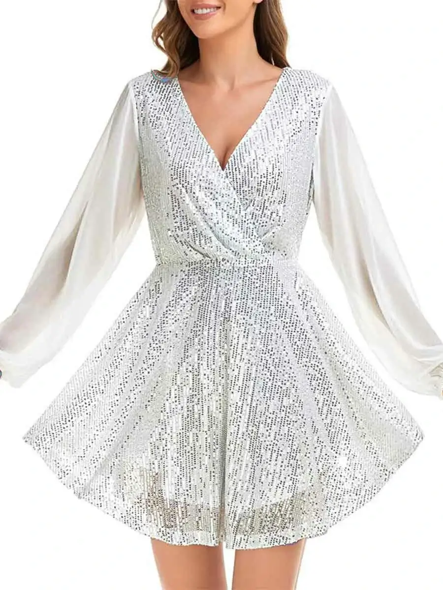 V-neck long-sleeve belted sequin white cocktail dress - Image 2