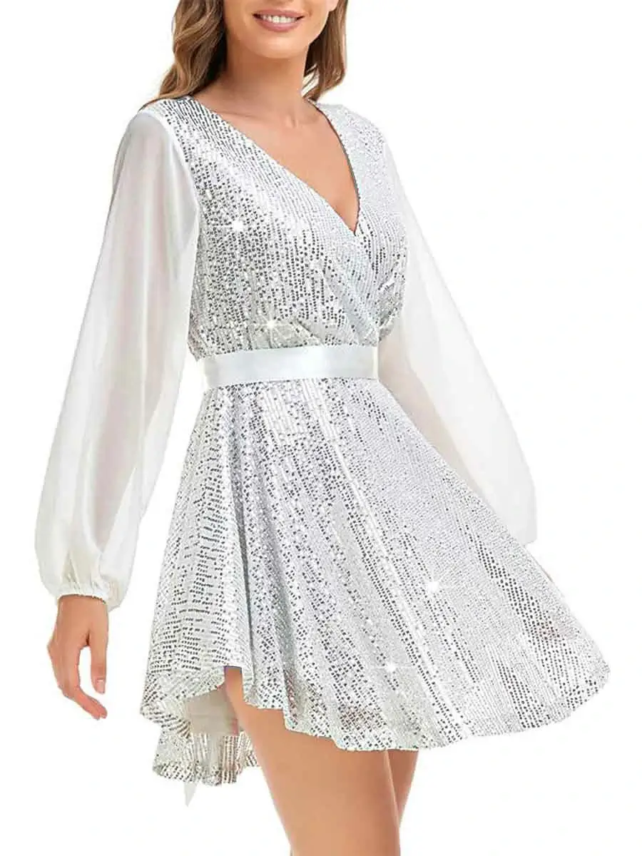 V-neck long-sleeve belted sequin white cocktail dress - Image 3