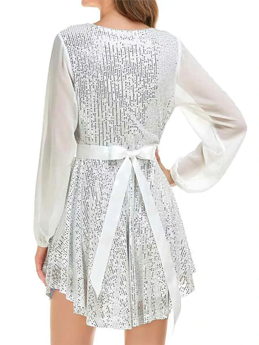 V-neck long-sleeve belted sequin white cocktail dress - Image 4