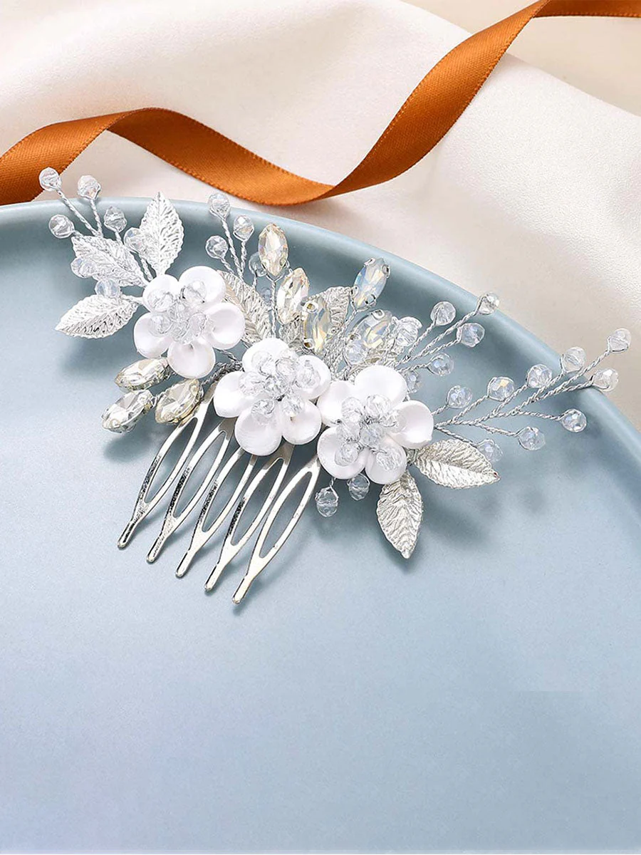 White Flower Silver Leaf Opal Rhinestone Hair Comb - Image 2