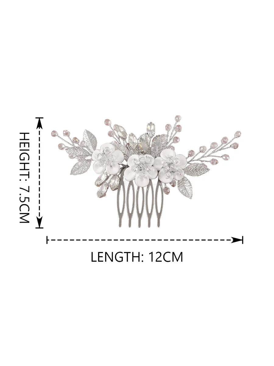 White Flower Silver Leaf Opal Rhinestone Hair Comb - Image 3
