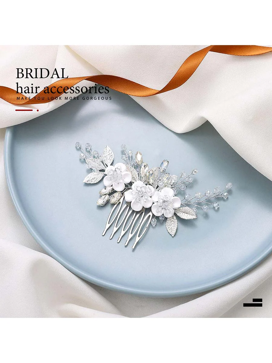 White Flower Silver Leaf Opal Rhinestone Hair Comb - Image 4