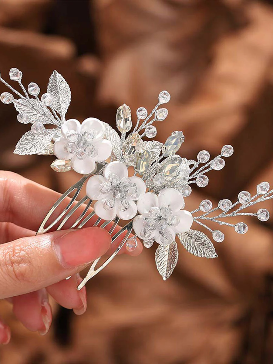 White Flower Silver Leaf Opal Rhinestone Hair Comb - Image 5