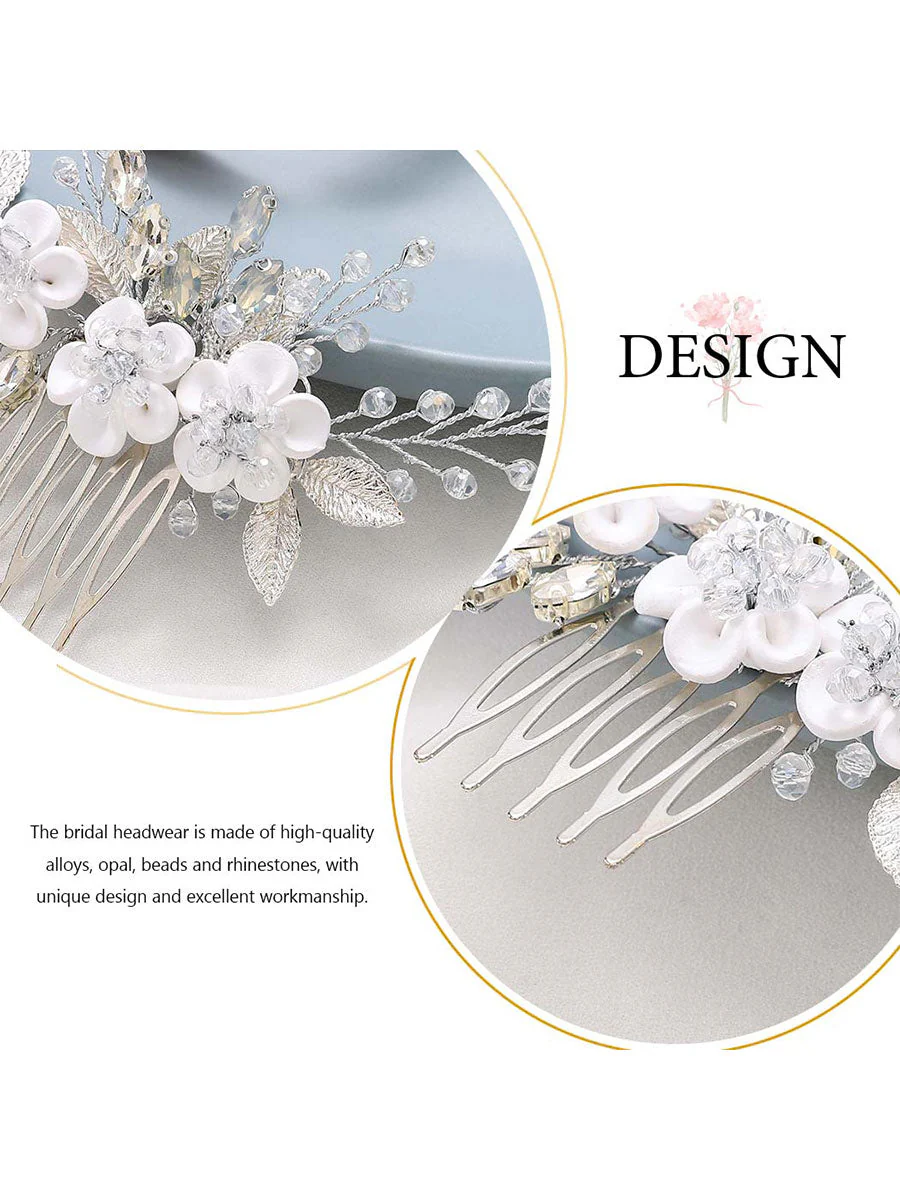 White Flower Silver Leaf Opal Rhinestone Hair Comb - Image 6