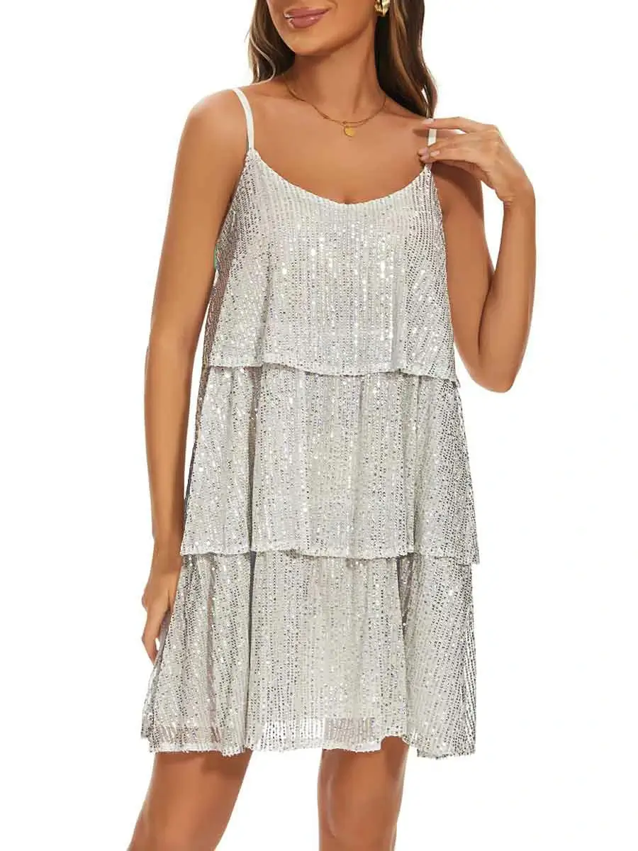 Sleeveless Backless V-Neck White Sequin Slip Dress - Image 4