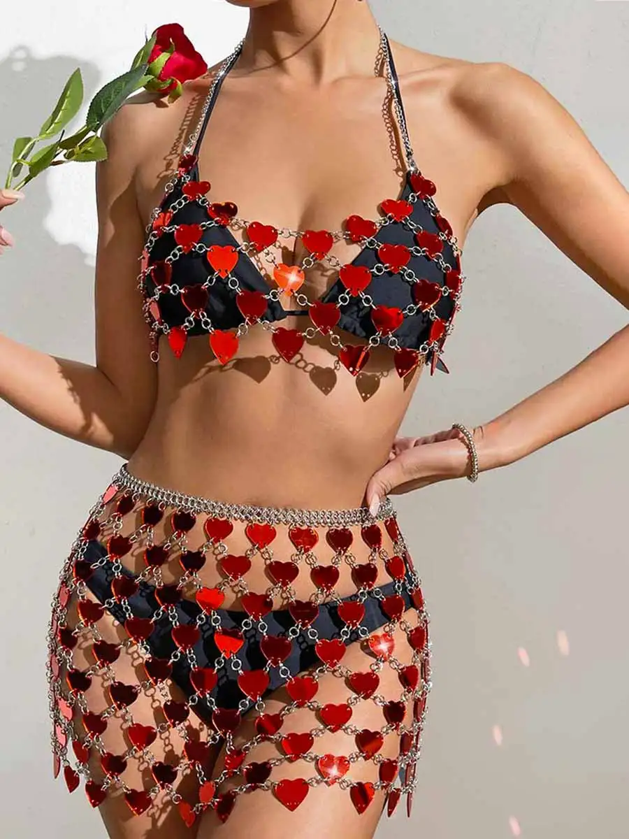 Red Heart Sequin Bra & Mini Skirt Set - Image 3