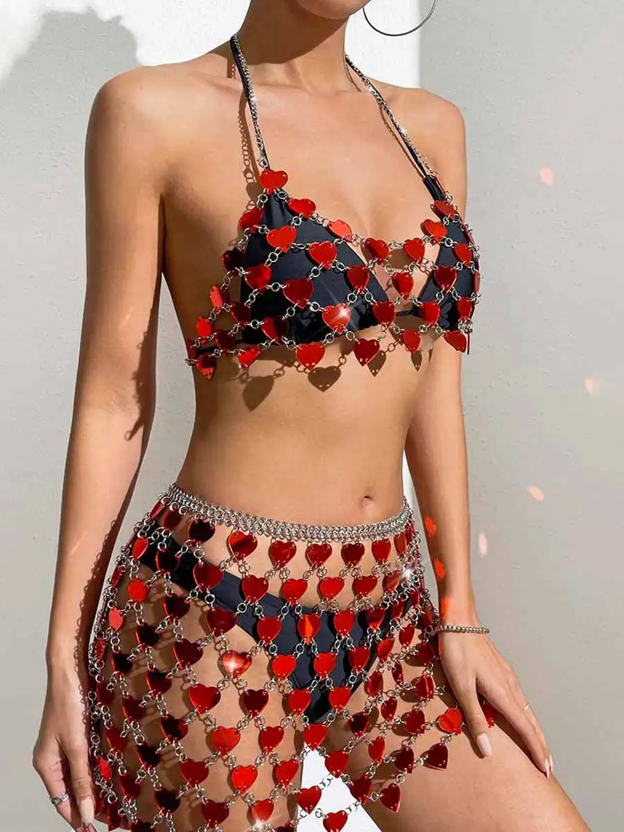 Red Heart Sequin Bra & Mini Skirt Set - Image 4