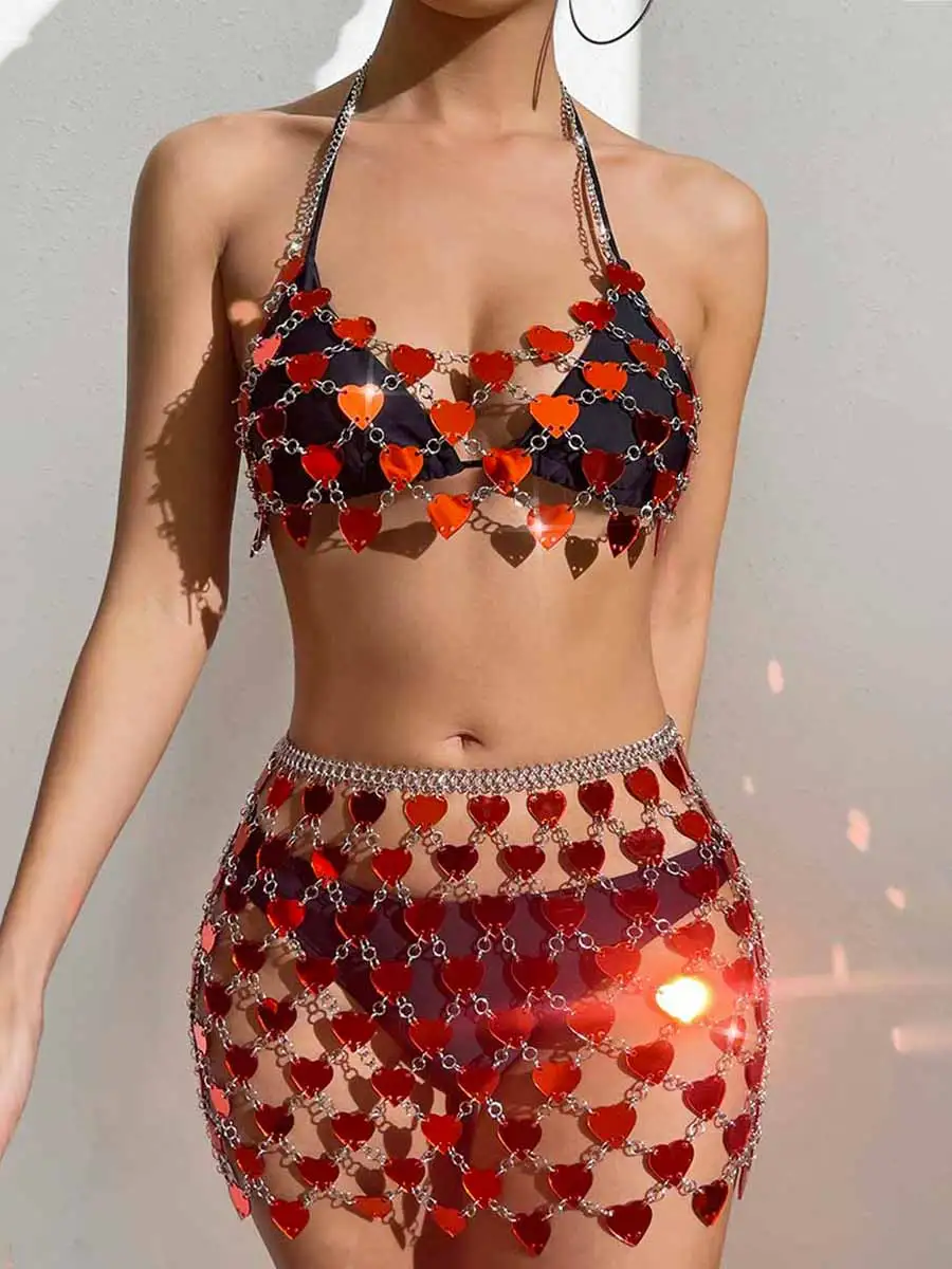 Red Heart Sequin Bra & Mini Skirt Set - Image 6