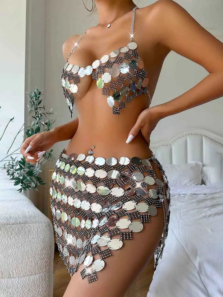 Silver Sequin 2 Piece Set - Mini Skirt + Bra Top - Image 4