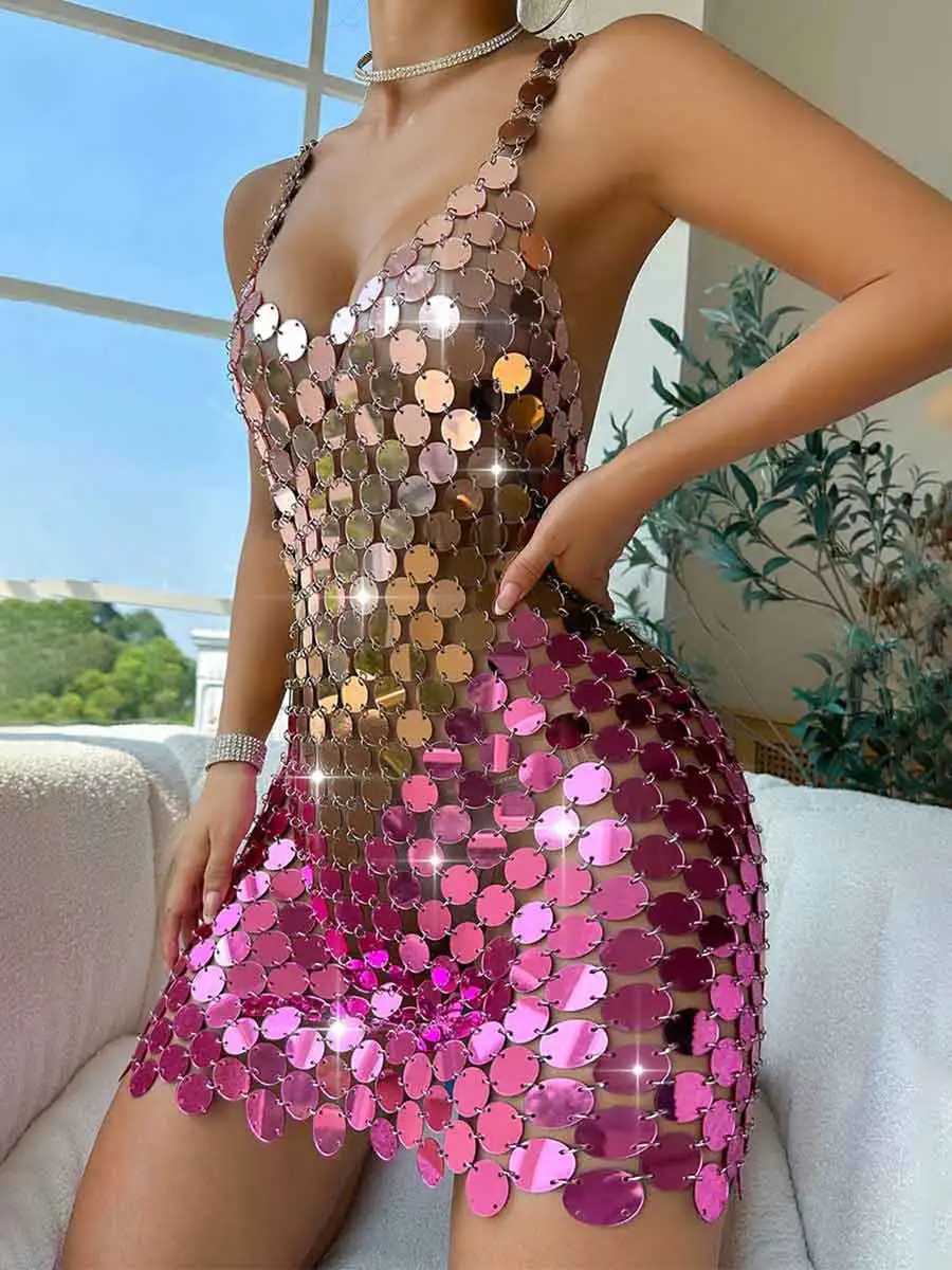 Pink Chainmail Dress - Pink Sparkle Mini Dress - Disco Gradient Sequin Dress - Image 3