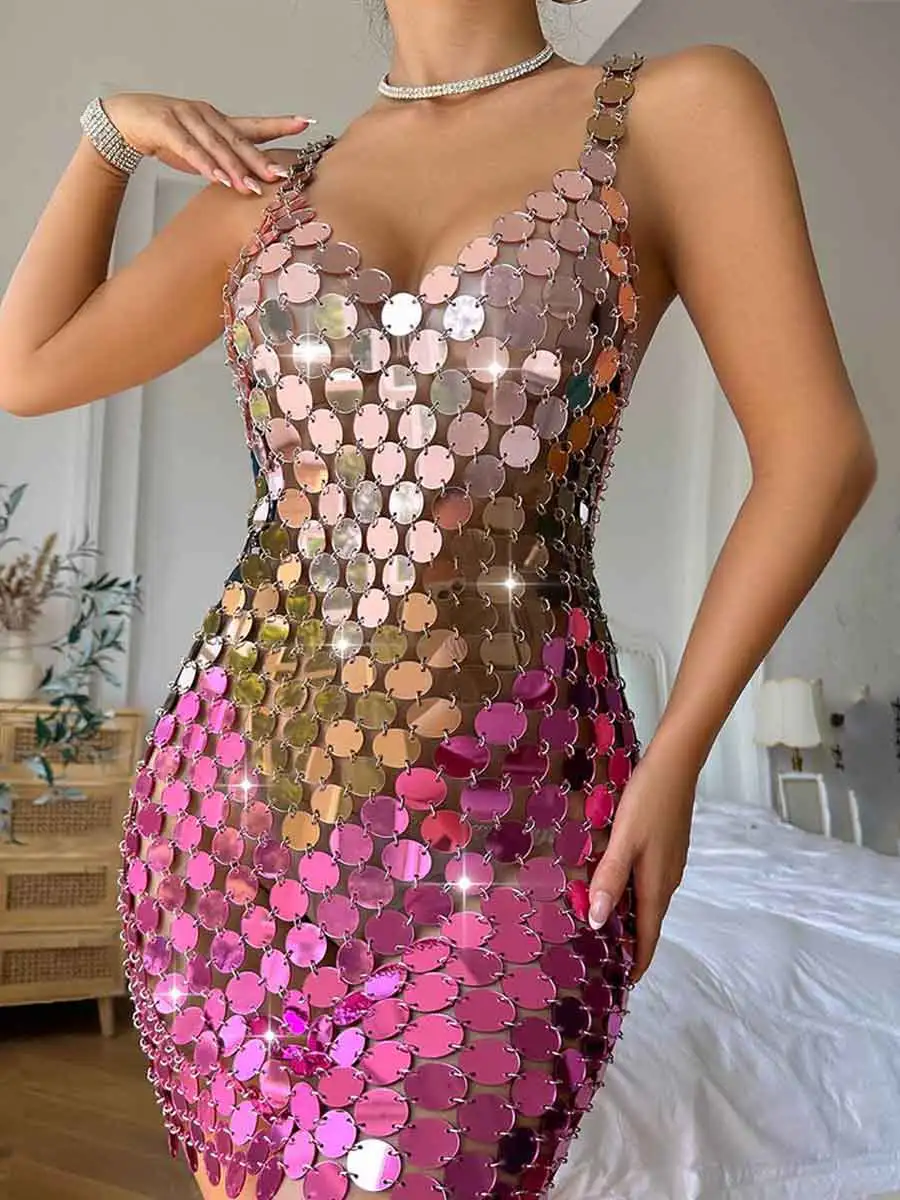 Pink Chainmail Dress - Pink Sparkle Mini Dress - Disco Gradient Sequin Dress - Image 4