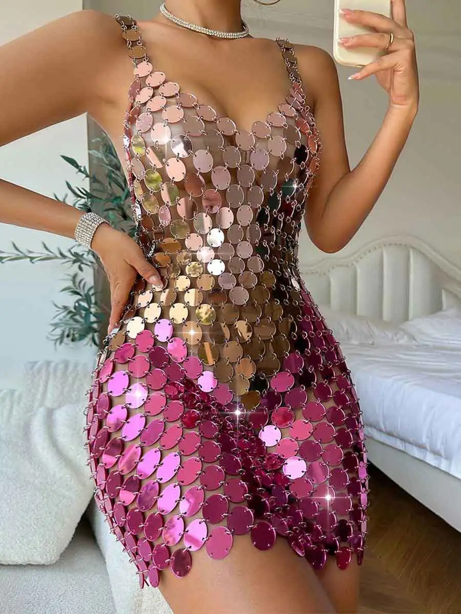 Pink Chainmail Dress - Pink Sparkle Mini Dress - Disco Gradient Sequin Dress - Image 5