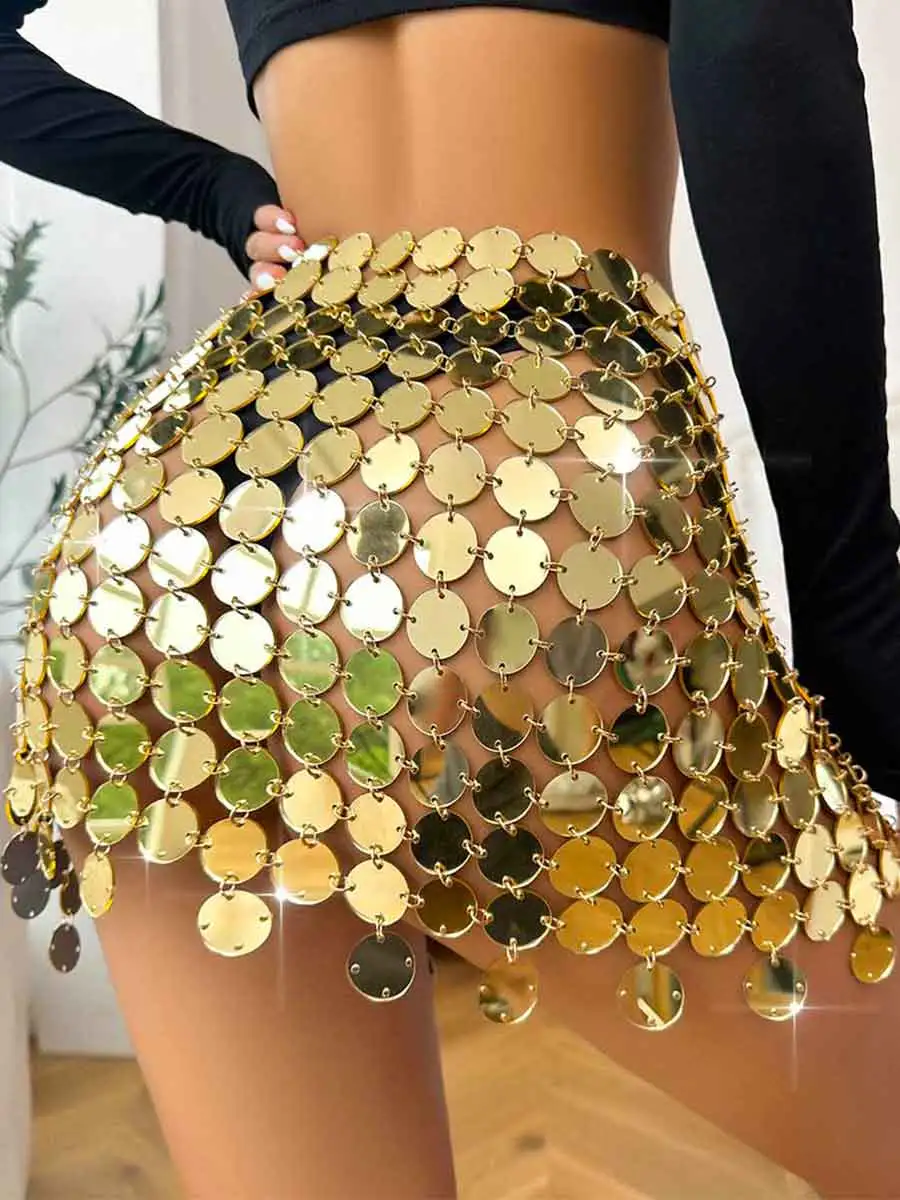 Women Sparkly Sequin Mini Skirt Gold Disco Dress - Image 2