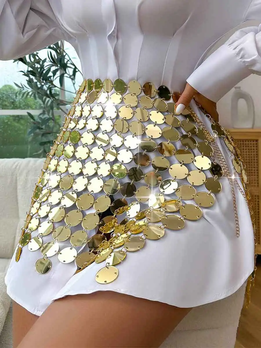 Women Sparkly Sequin Mini Skirt Gold Disco Dress - Image 3
