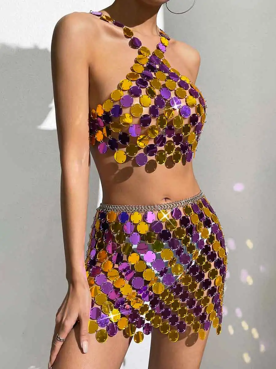 Purple And Gold Sequin Skirt Suit - Mini Skirt + Bra Top - Image 3