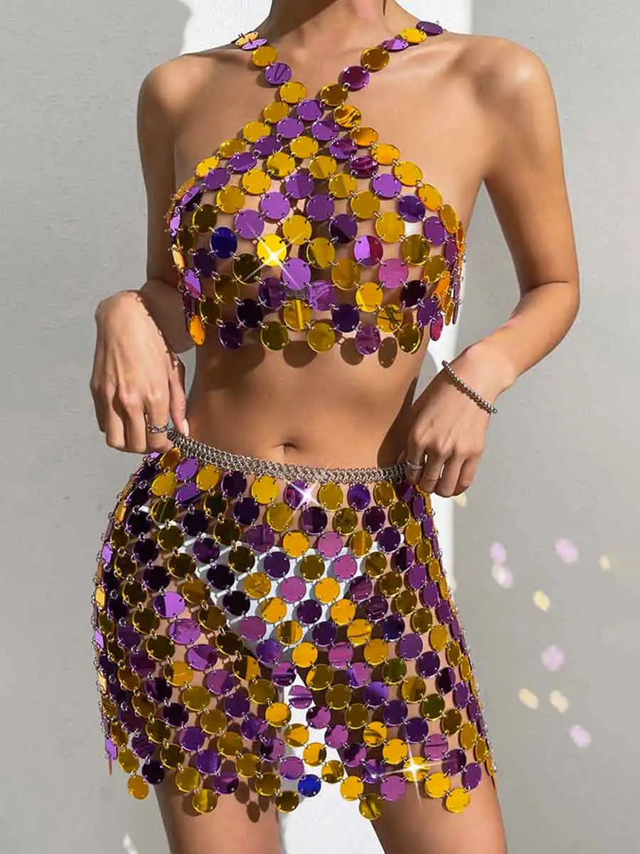 Purple And Gold Sequin Skirt Suit - Mini Skirt + Bra Top - Image 4