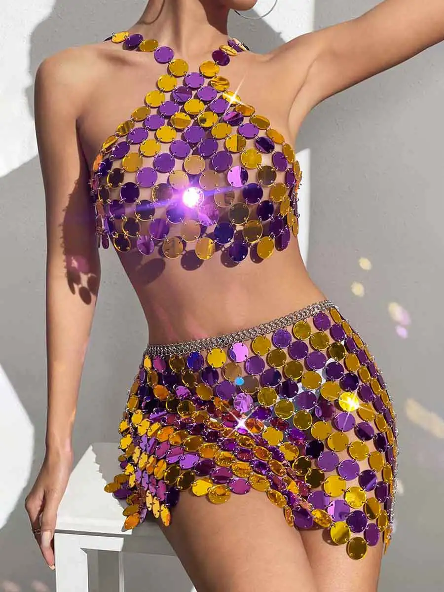 Purple And Gold Sequin Skirt Suit - Mini Skirt + Bra Top - Image 6