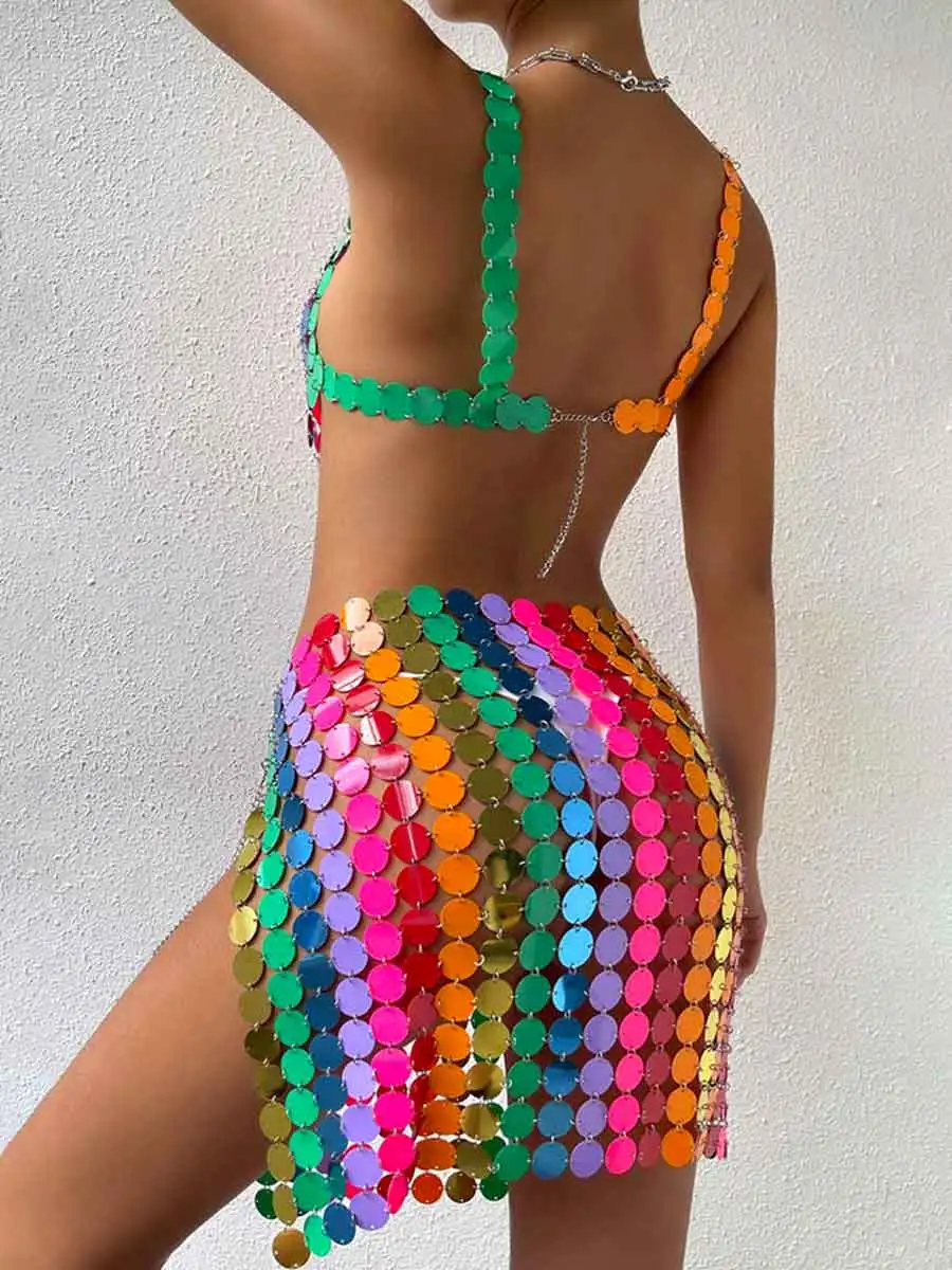 Rainbow Sequin Two Piece Set - Middle Skirt + Bra Top - Image 2
