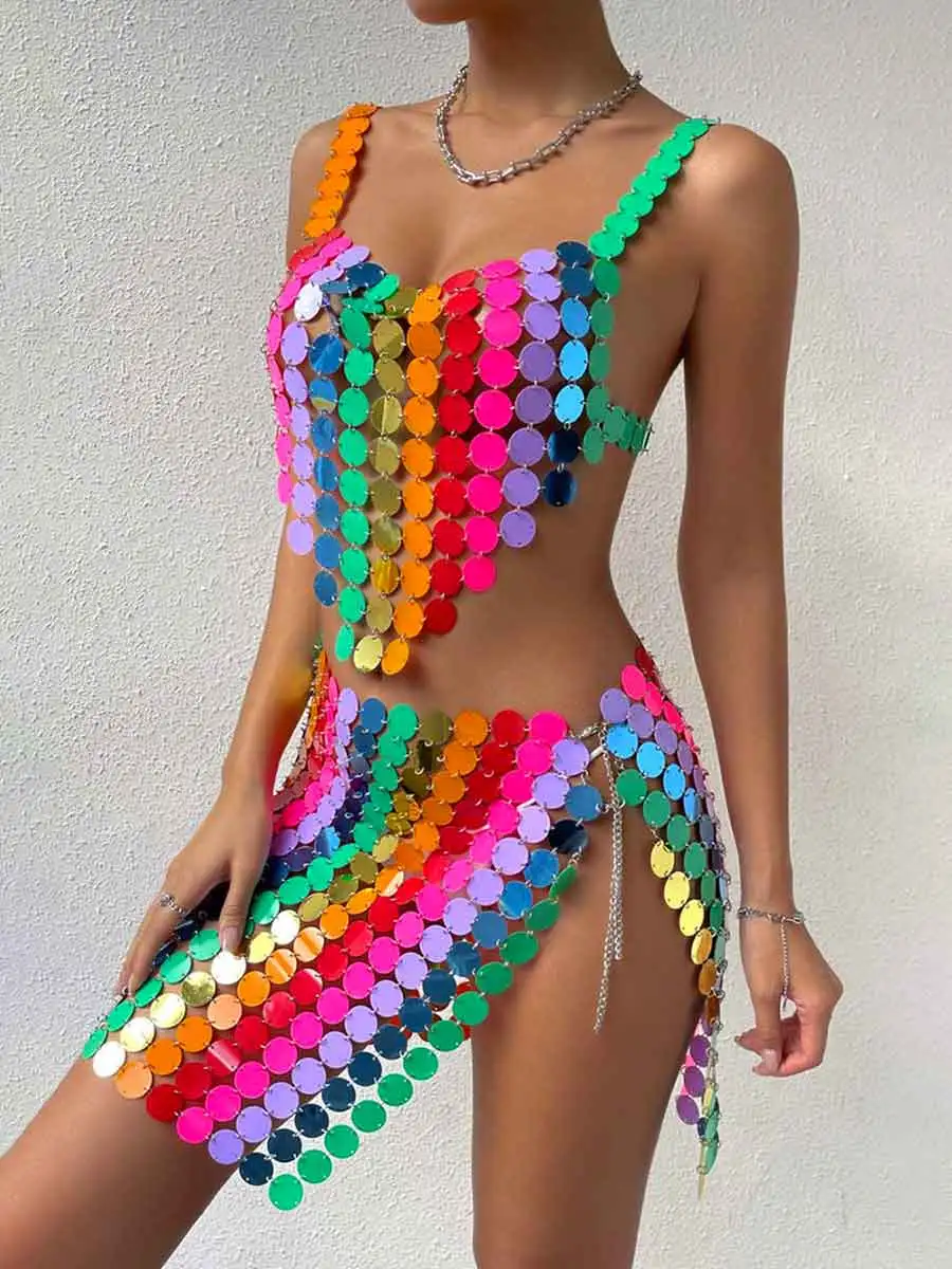 Rainbow Sequin Two Piece Set - Middle Skirt + Bra Top - Image 3