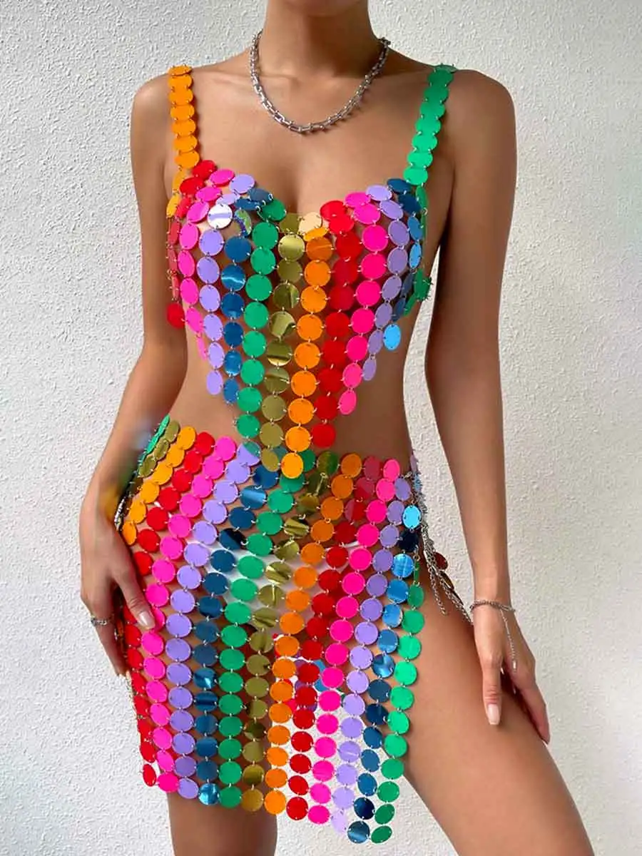 Rainbow Sequin Two Piece Set - Middle Skirt + Bra Top - Image 4
