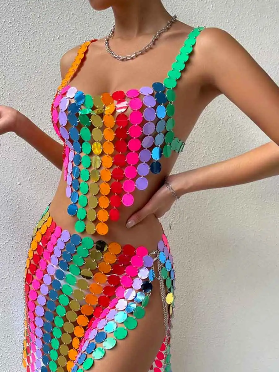 Rainbow Sequin Two Piece Set - Middle Skirt + Bra Top - Image 6