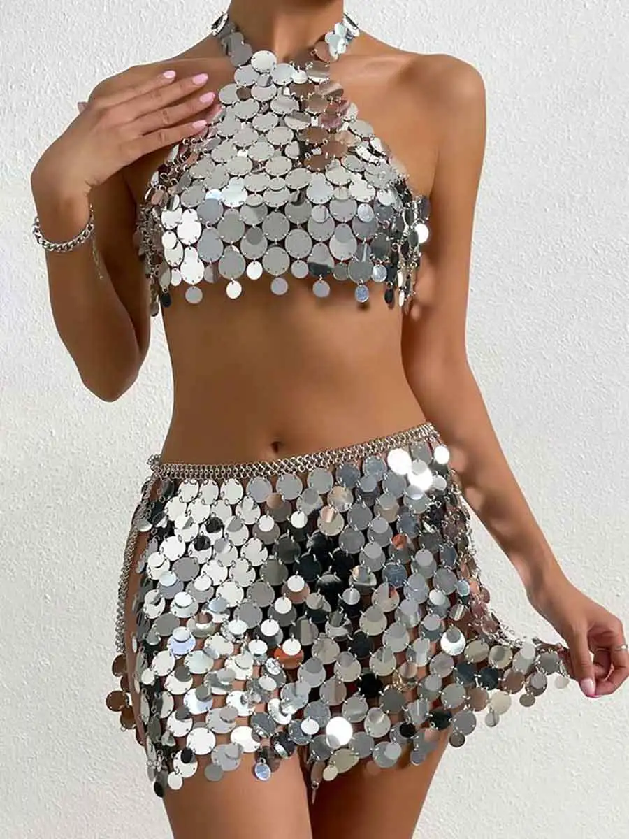 Two Piece Silver Sequin Set - Mini Skirt + Bra Top - Image 4