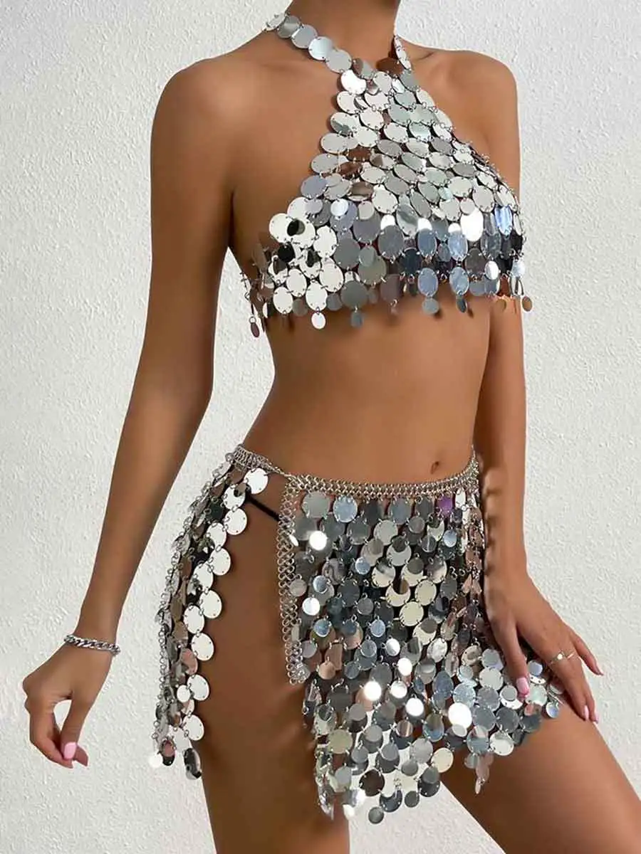 Two Piece Silver Sequin Set - Mini Skirt + Bra Top - Image 5