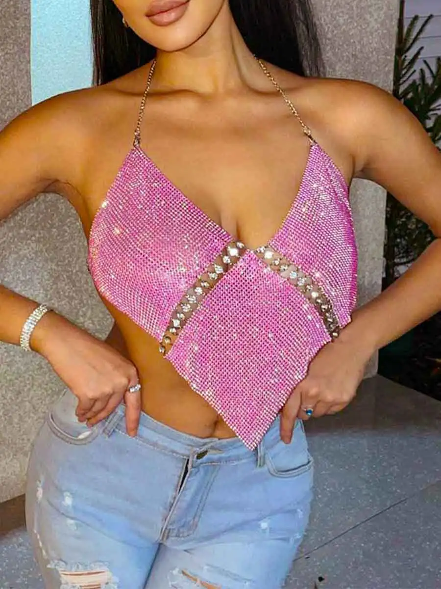 Women Sparkly Sequin Tank Top Pink Bra Tops - Image 3