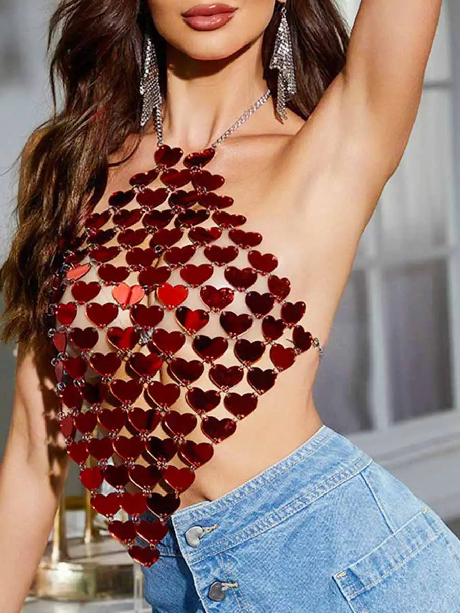 Sparkly Red Top - Red Sparkly Backless Top - Halter Neck Red Sparkle Top - Image 6