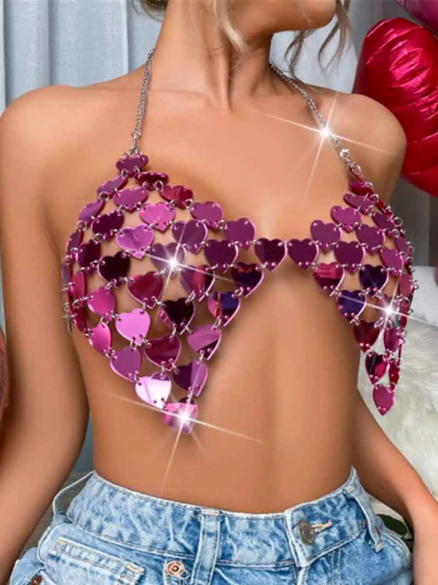 Rose Red Disco Bra - Heart Sequin Halter Tank Top - Image 3