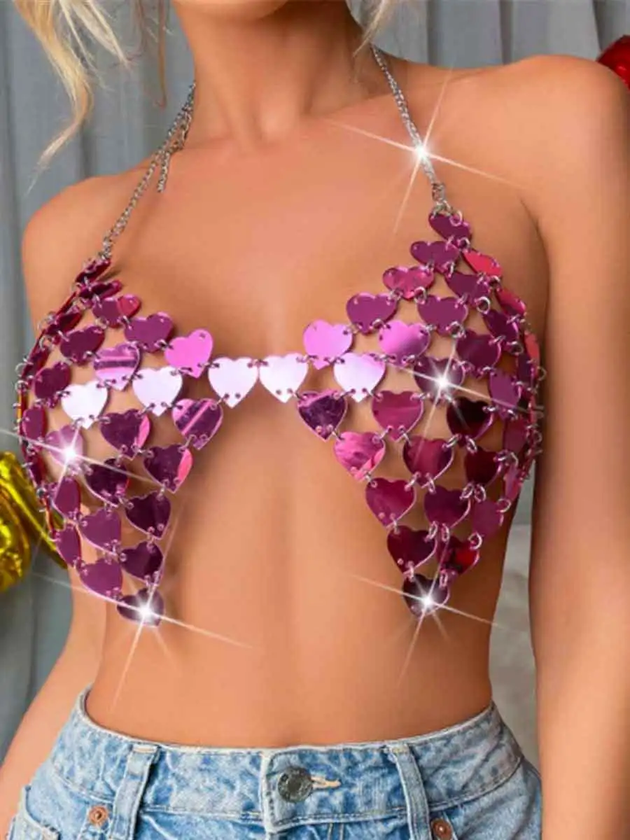 Rose Red Disco Bra - Heart Sequin Halter Tank Top - Image 4