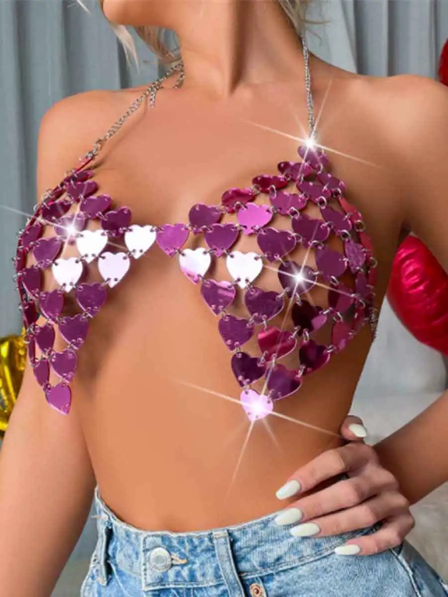 Rose Red Disco Bra - Heart Sequin Halter Tank Top - Image 5