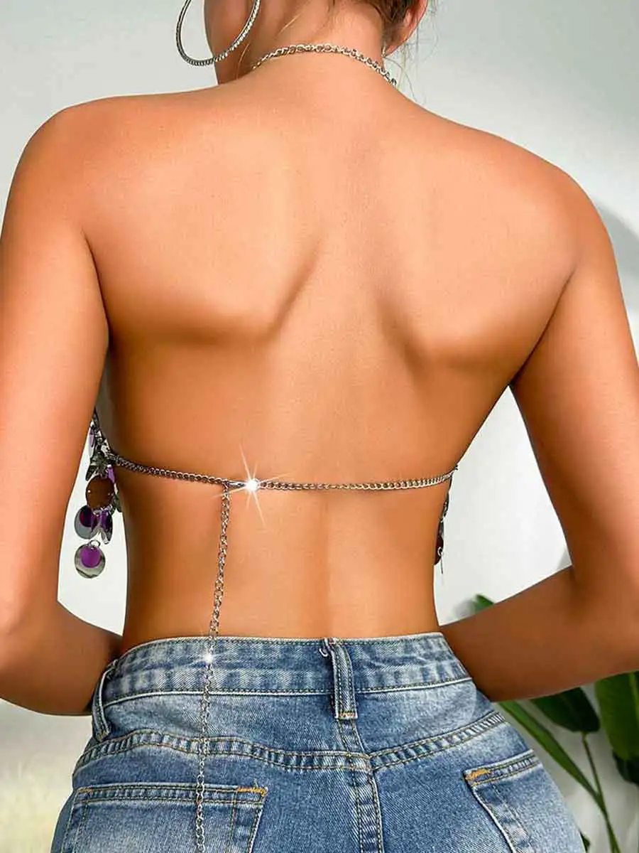 Silver Sequin Bralette - Circle Sequin Halter Tank Top - Image 2