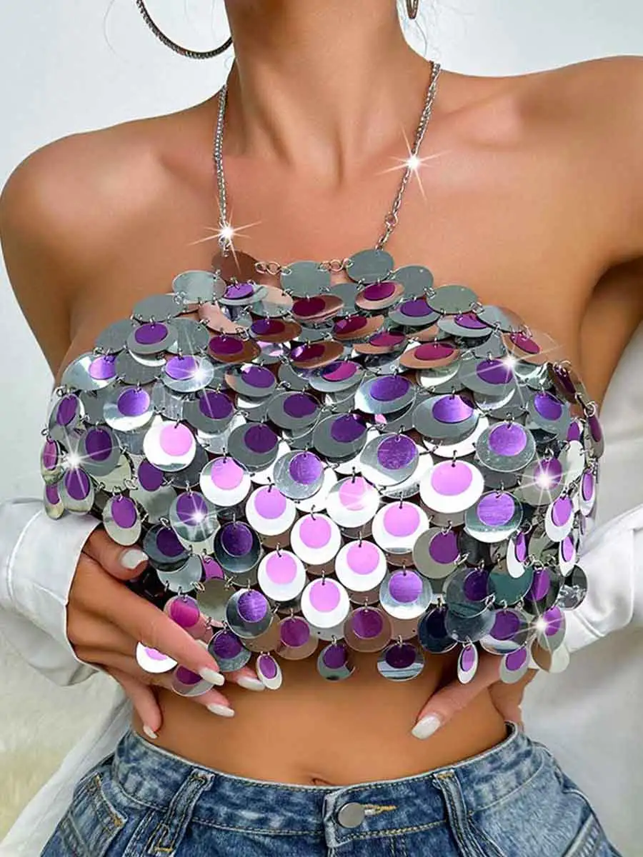 Silver Sequin Bralette - Circle Sequin Halter Tank Top - Image 3