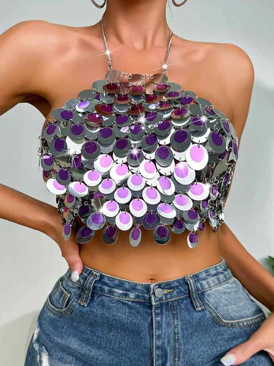 Silver Sequin Bralette - Circle Sequin Halter Tank Top - Image 4