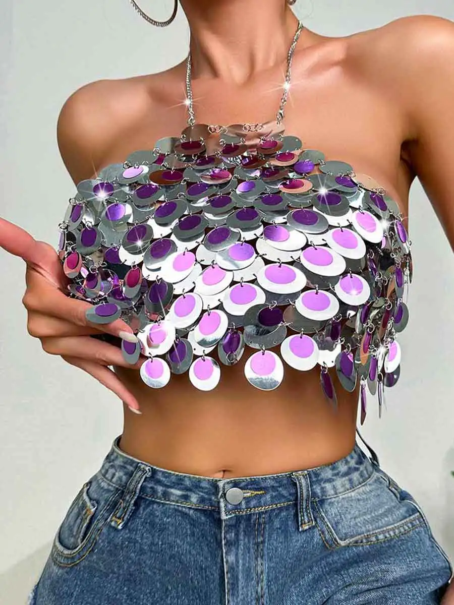 Silver Sequin Bralette - Circle Sequin Halter Tank Top - Image 5