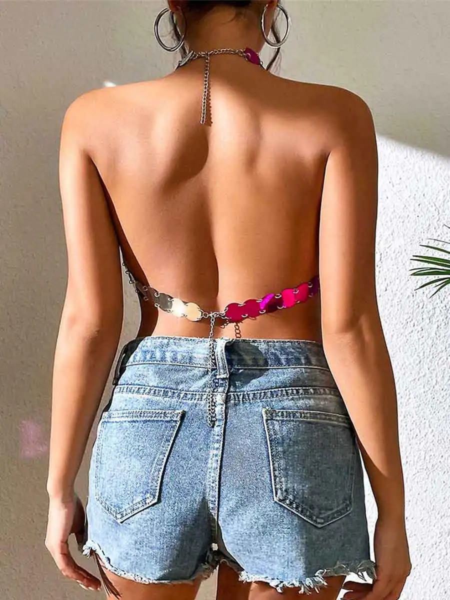 Women's Disco Silver Pink Sequin Bra Top - Image 2