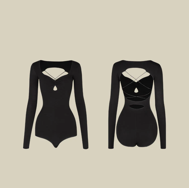 Women's Black Backless Long Sleeve DanceWear Bodysuit Leotards - Image 7