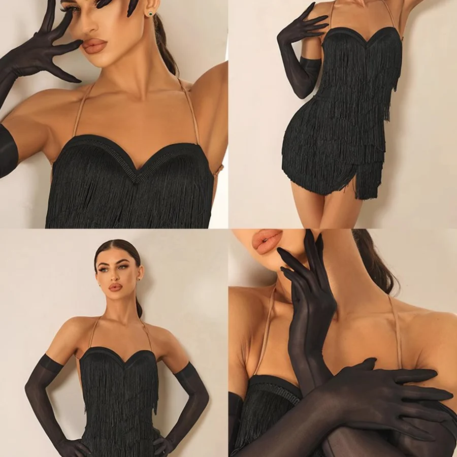 Women's Black Latin Dance Long Gloves - Image 10