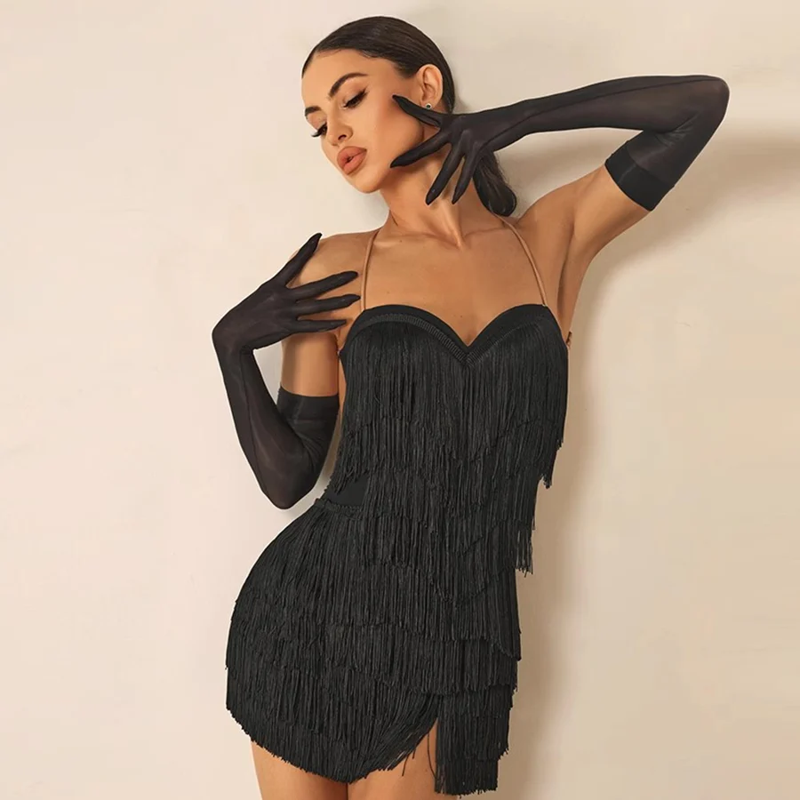 Women's Black Latin Dance Long Gloves - Image 7