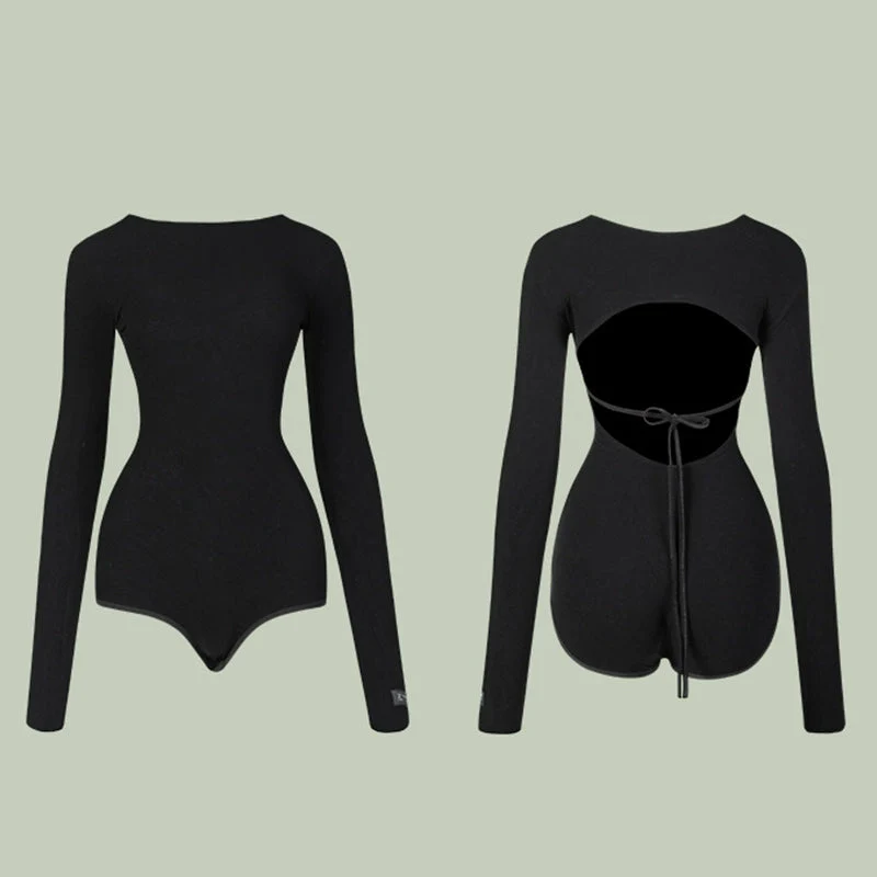 Women's Black Long Sleeve Backless Dance Tops Bodysuit LeotarPractice DanceWear - Image 6