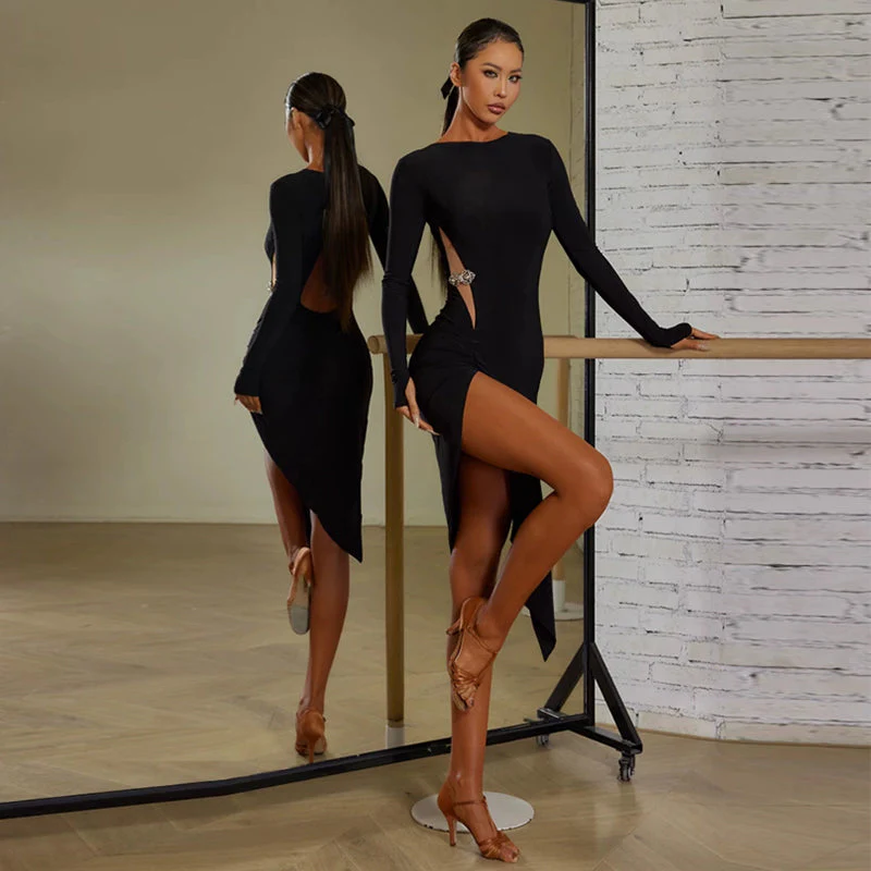 Women's Black Round Neck Long Sleeve Backless Elegant Dance Dress Dance Wear - Image 3