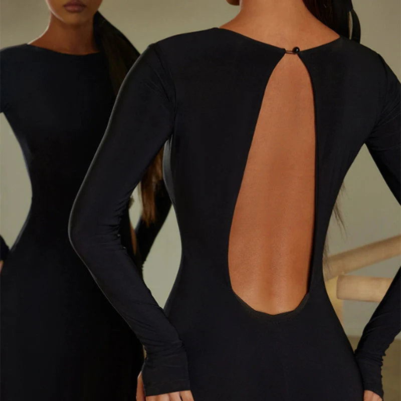 Women's Black Round Neck Long Sleeve Backless Elegant Dance Dress Dance Wear - Image 5