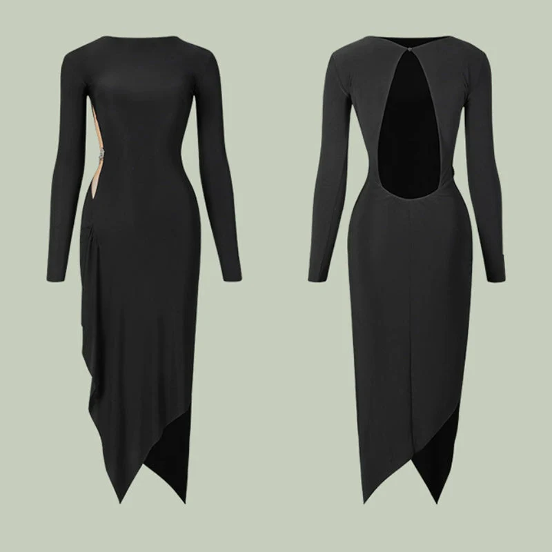 Women's Black Round Neck Long Sleeve Backless Elegant Dance Dress Dance Wear - Image 6