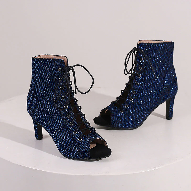 Women's PU 9cm Silm Heel Sequin Lace-up Dance Boots JazDance Shoes - Image 12