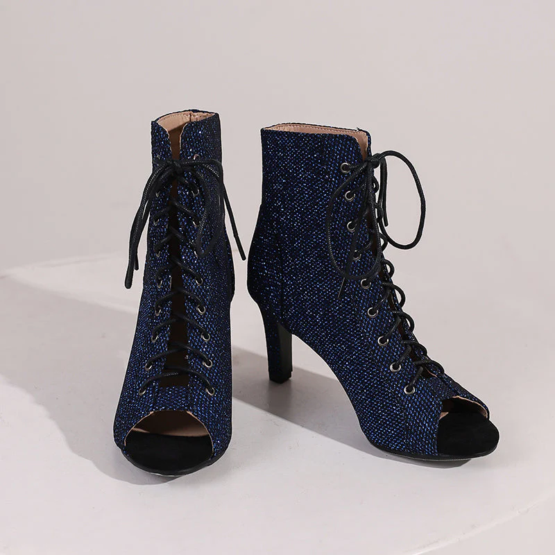 Women's PU 9cm Silm Heel Sequin Lace-up Dance Boots JazDance Shoes - Image 13
