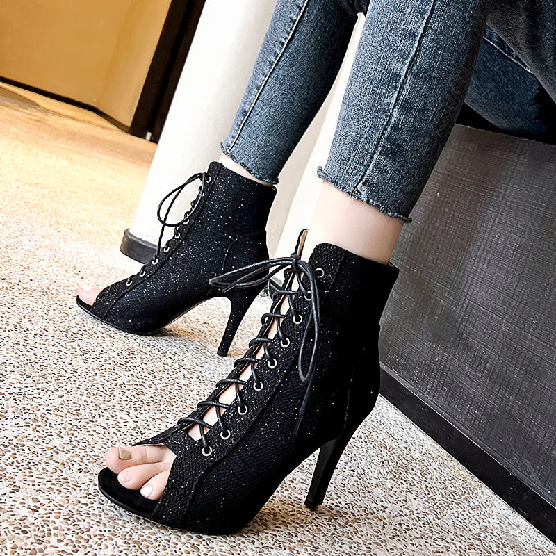 Women's PU 9cm Silm Heel Sequin Lace-up Dance Boots JazDance Shoes - Image 14